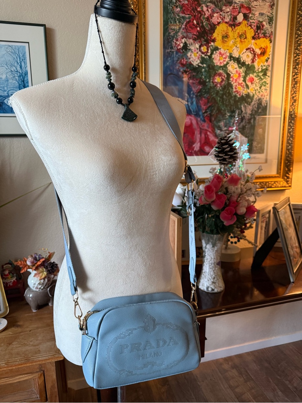 Light Blue Perforated Logo Leather Crossbody Bag - Picture 2 of 5